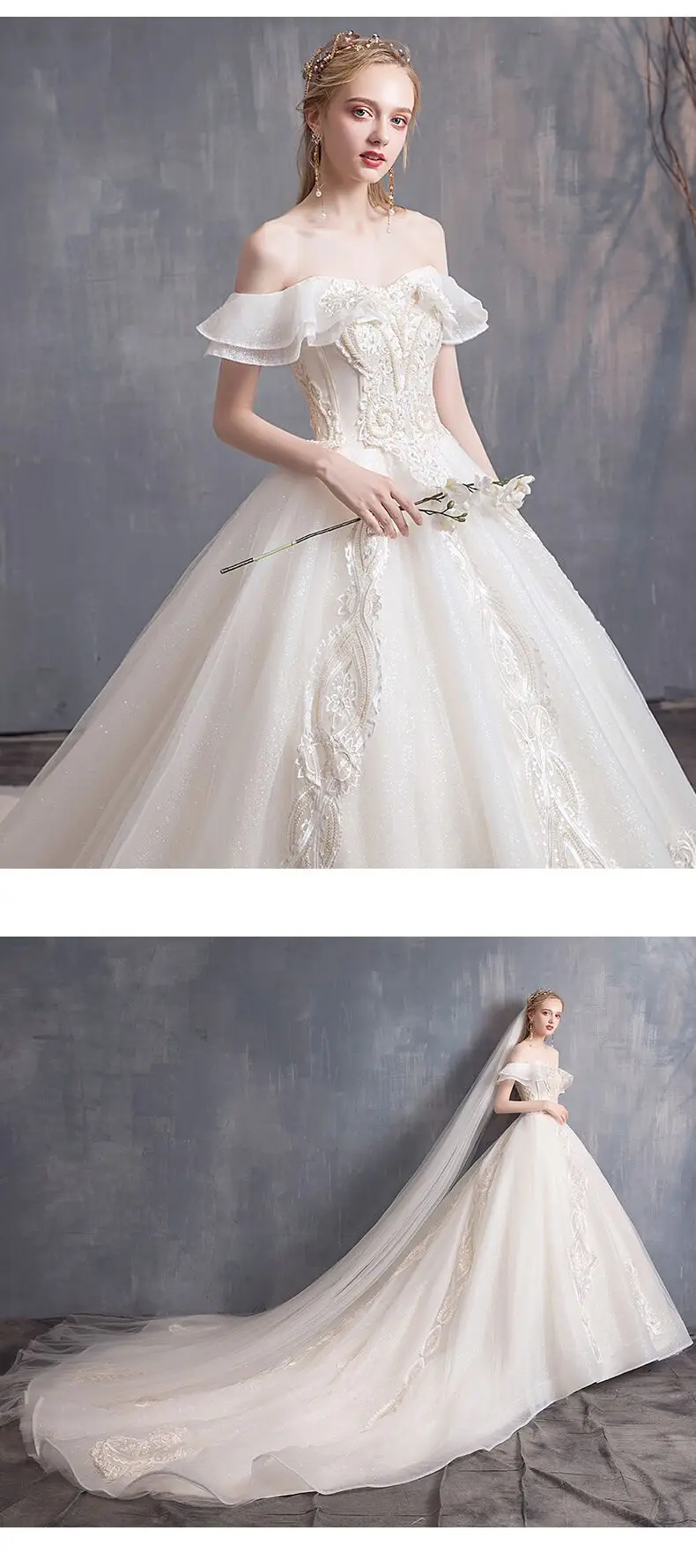 The latest design princess neckline off-the-shoulder wedding dress beautiful PROM dress