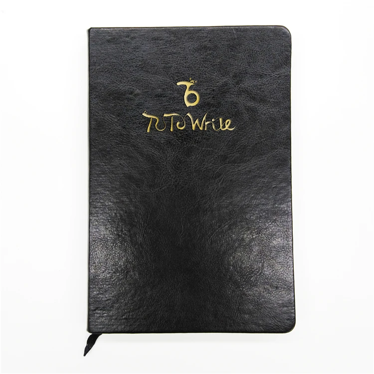 product-A5 gold foil hardcover book thread sewing pu leather custom black page notebook with logo-De