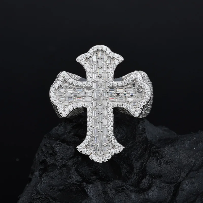 S925 Silver Moissanite Cross-Shape Ring for Men Super Flash T Square Diamond Cross-Border Hip Hop Style Ready to Wear