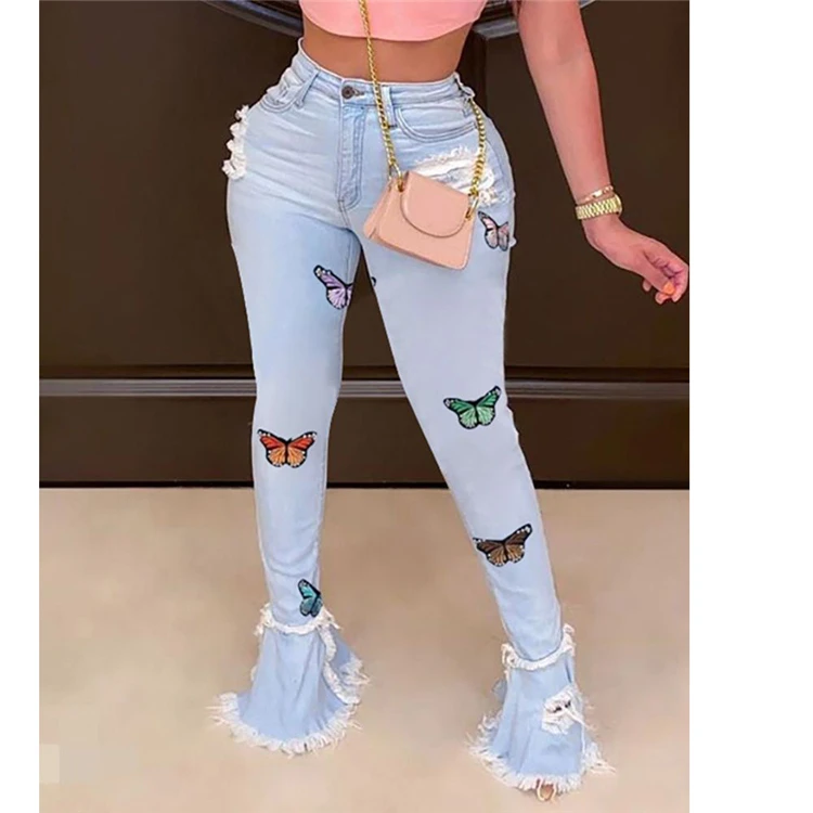 Newest Design Clothing Manufacturer Mid Waist Washed Women'S Jeans 2021 Denim Ripped Printed Women Trendy Flared Denim Jeans