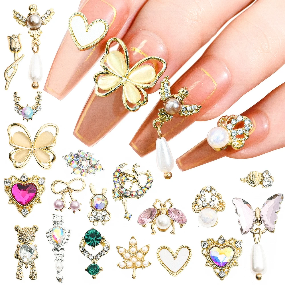 50pcs 3d Mixed Style Alloy Butterfly Heart Bowknot Nail Art Dangle