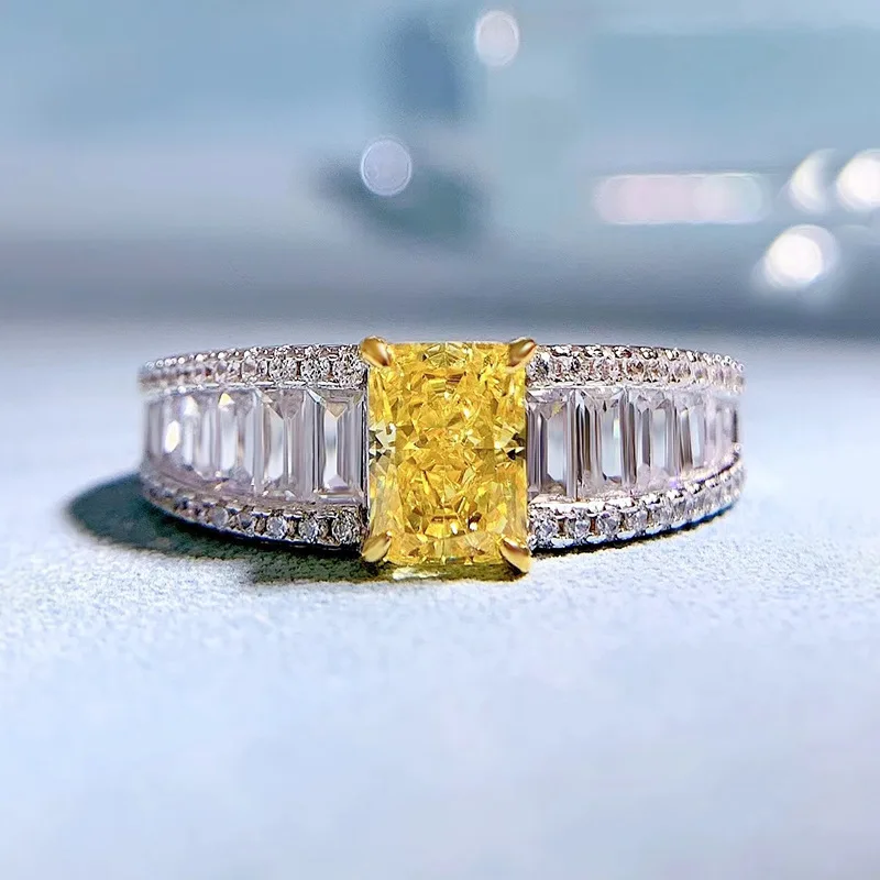 2025 Collection High Carbon 925 Silver Yellow Diamond Ring Radiant Cut 5*7mm Lab Diamond Style Best Seller Rhodium Plated