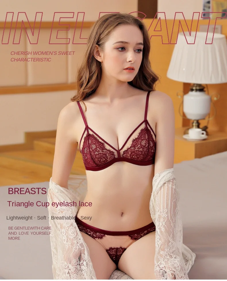 New Sexy French Style Lace Underwear for Women Thin Triangle Cup Push-up Bra Set with Bikini Panties Floral Pattern