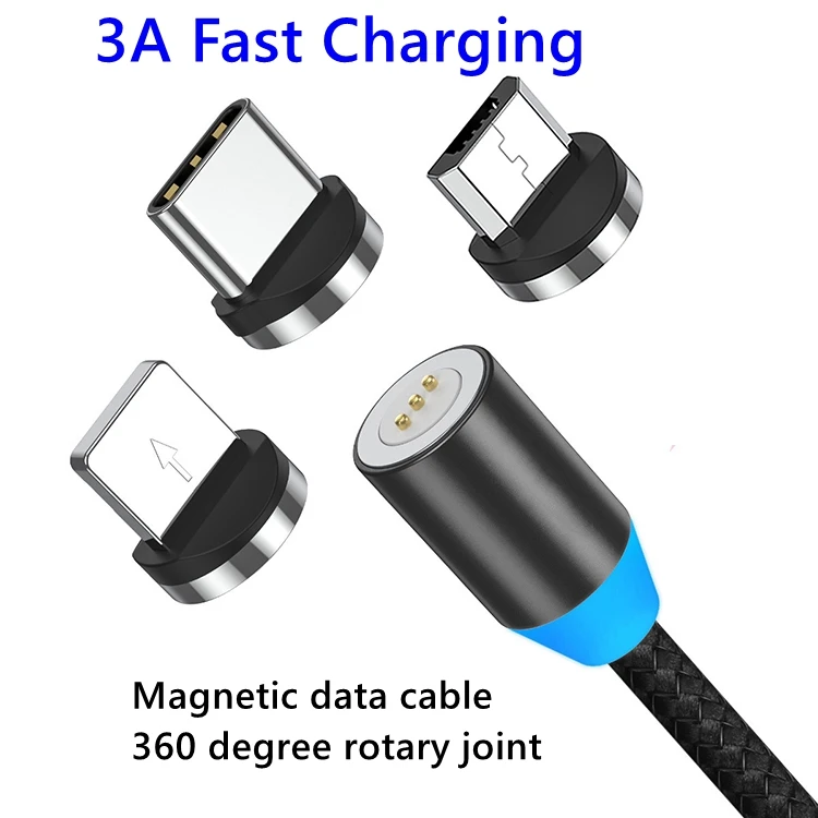 100CM 3 in 1 Type C Micro USB 3A LED 360 Degree Round Nylon Braided USB magnetic Fast Charging Cable - ANKUX.COM