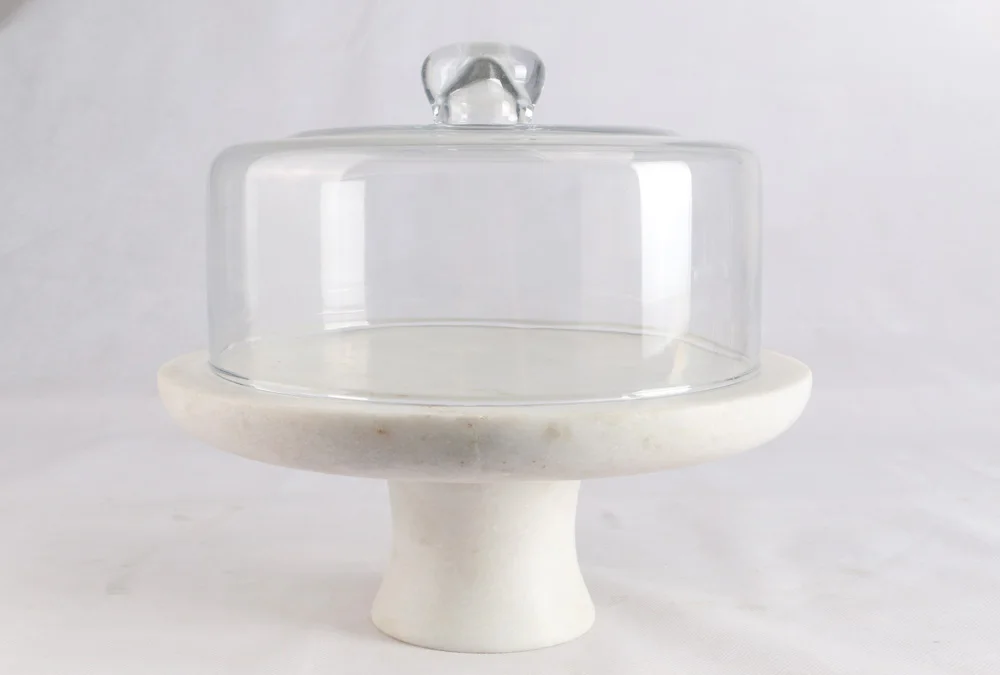 Light Color Stone Marble Cake Stand Tray With Glass Dome Cover For