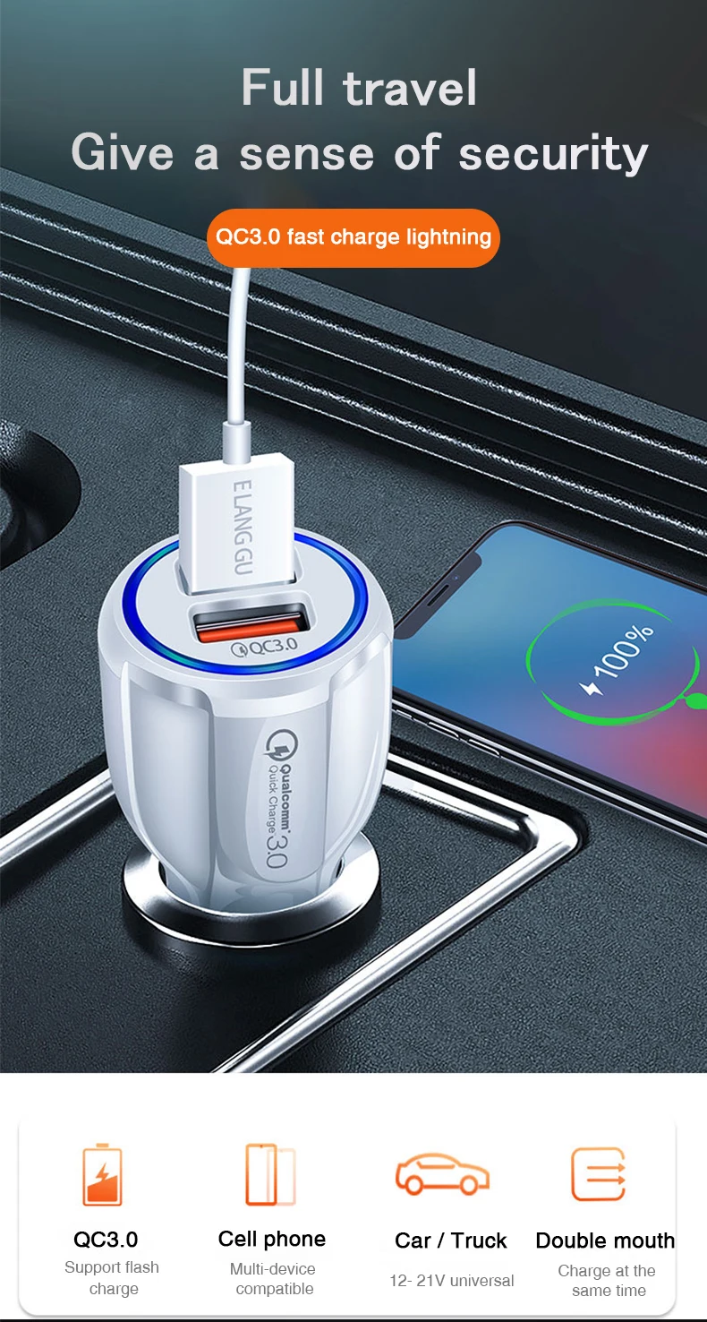 2020 New Hot Sale Product Fast Car Usb Charger Factory Price Wholesale Qc3.0 For Apple Iphone 11/6/7/8 Mobile Phone Car Charger