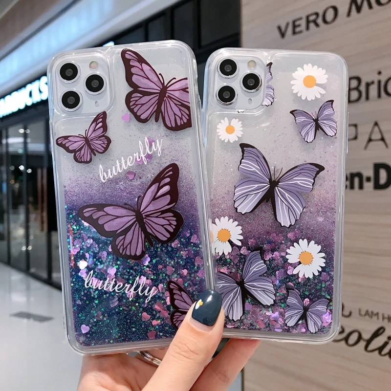 Butterfly Purple Quicksand Glitter Tpu Transparent Mobile Phone Case For Iphone 12 Pro Max 12 Mini 12pro 11 Pro Xs Xr Buy Butterfly Quicksand Liquid Glitter Girls Tpu Phone Case 3d Butterfly