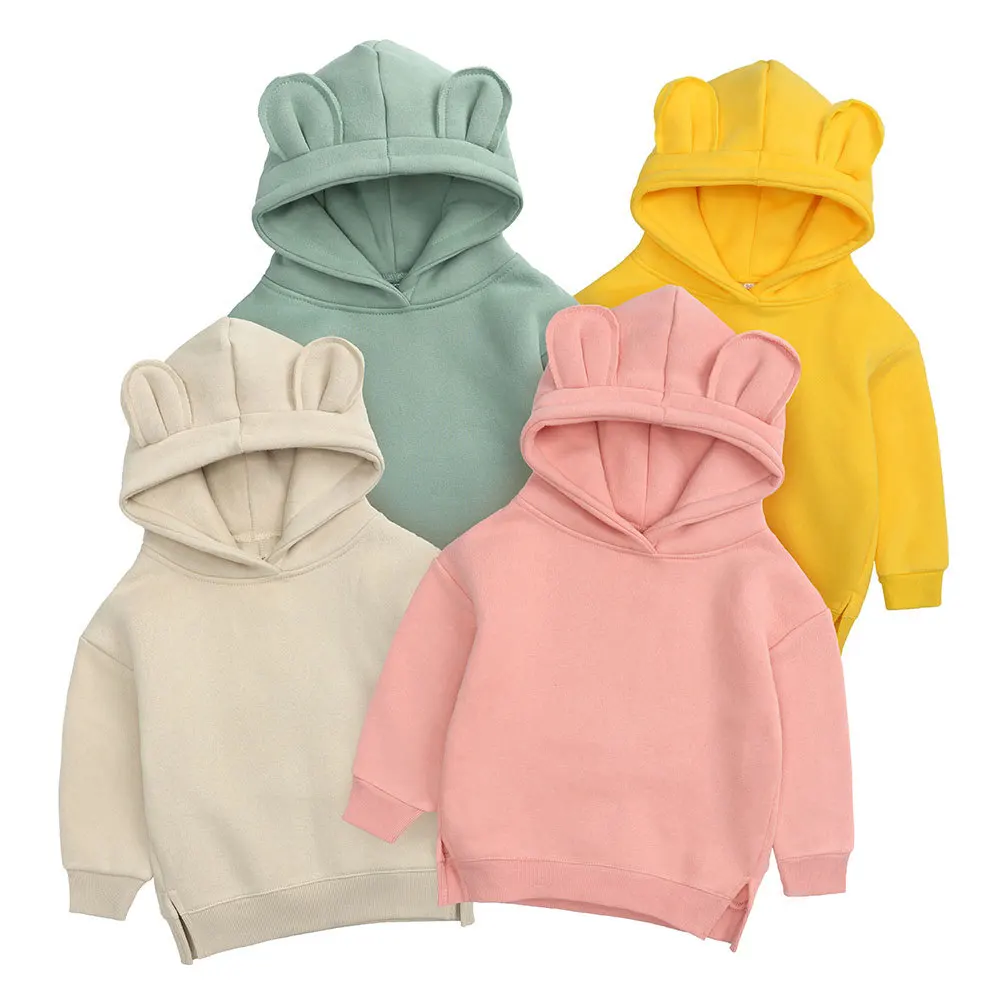 
Wholesale 2020 winter custom 100% cotton kids clothing fleece hoodies with bear ears 