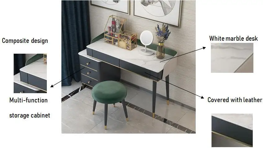 modern nordic light luxury style wooden makeup dressers table with glass mirror and 5 storage dreawer for bedroom furniture