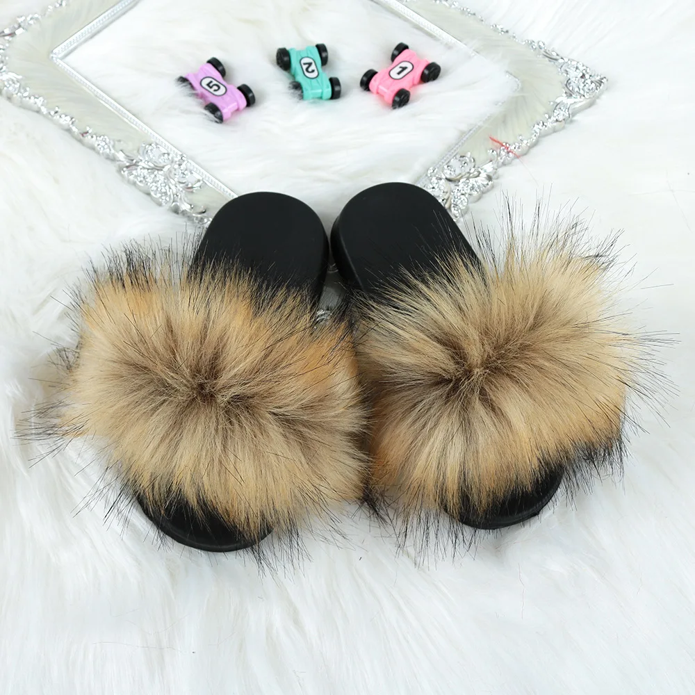 
Custom Designer Baby Black Fluffy Fox Fur Slides Kids Logo Custom Real Fur Slides 