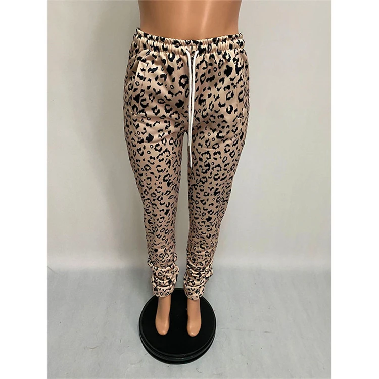 Lowest Price Women Fashion Clothing Casual Pleated Leopard Plaid Pants Women Stacked Leggings Trousers