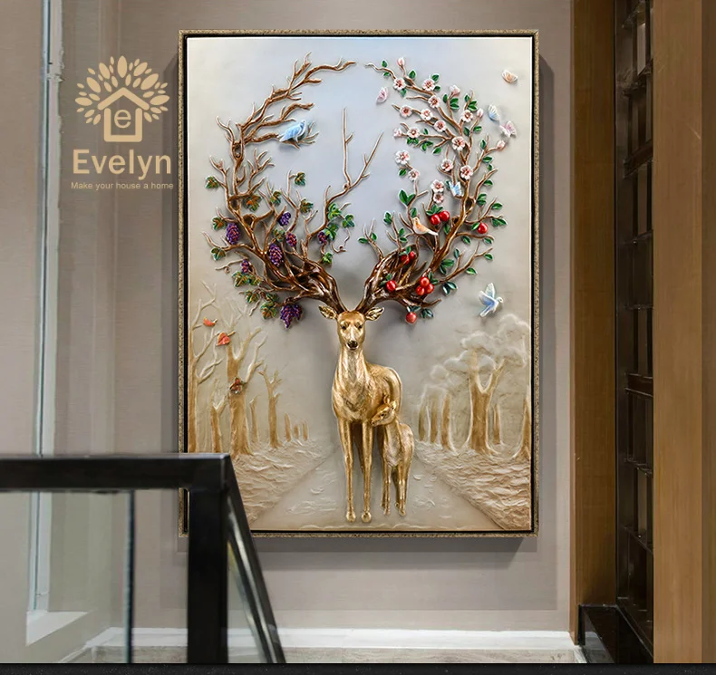 Polyresin Craft Home Decoration 3d Deer Decorative Relief Wall Painting