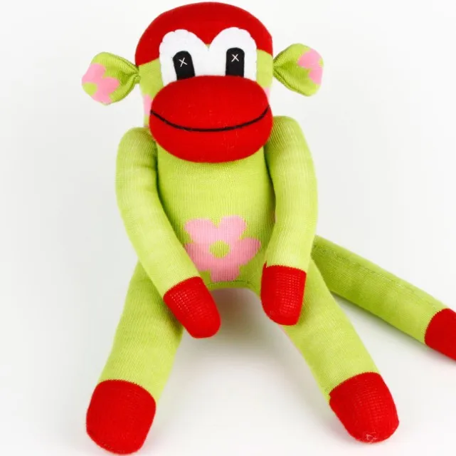 Handmade Hot Pink Striped Green Sock Monkey Stuffed Animals Doll Baby Gifts Toys 