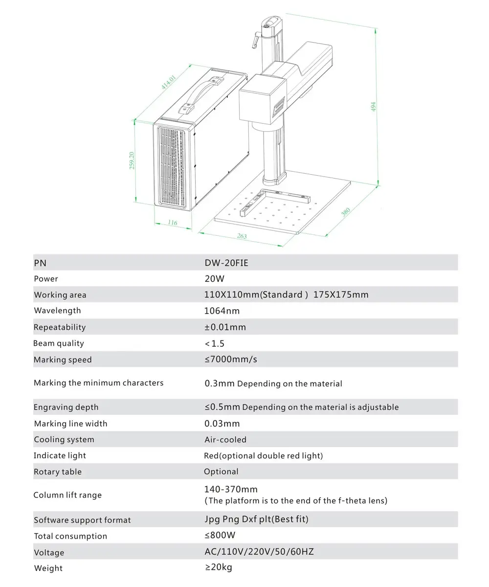 mini portable fiber laser engraving and marking machine parameter size table