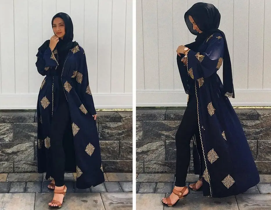 1799 Stunningly Beautiful Gold Embroidery Elegant Black Abaya Cardigan Islamic Dubai Women 8439