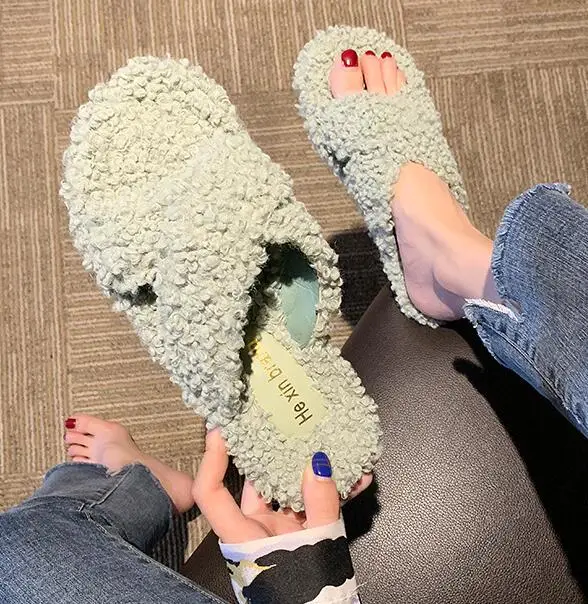 solid fluffy criss cross slippers