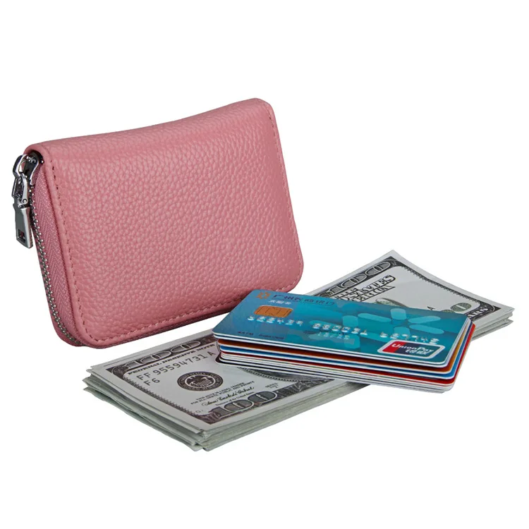 Genuine Leather Women Business Card Holder Wallet Zipper Bank Credit