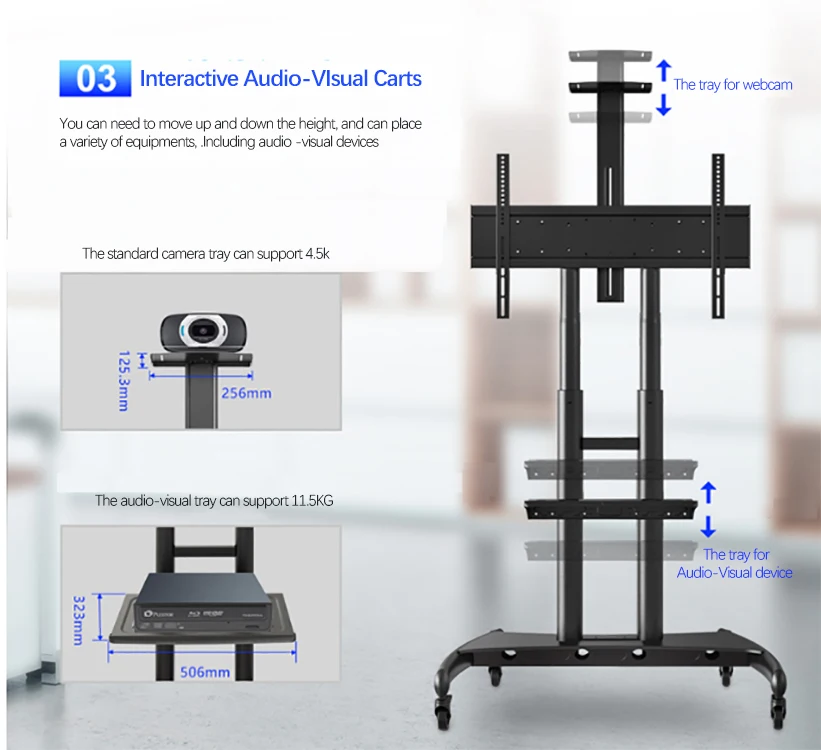 product-Floor Stand Interactive Carts Audio Visual Display Dumbbell Rack with Wheels for 55 65 75 Pa-1
