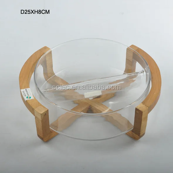 Hotsale Large Clear Glass Salad Bowl With Wood Stand Base / Glass Bowls