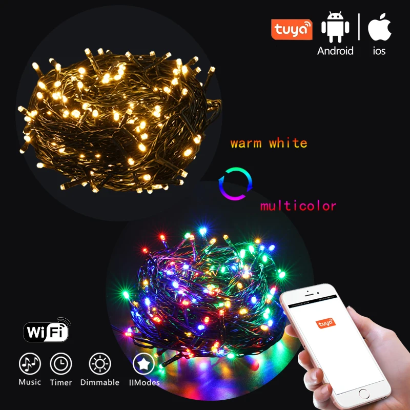warm white multi color changing Wireless outdoor light Tuya Wifi App Control christmas string light with Music