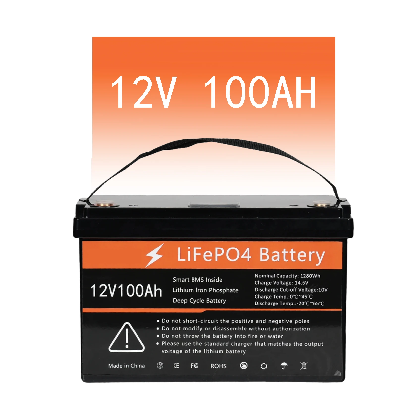 12V lithium battery mounted in RV battery bay with proper spacing and terminal covers