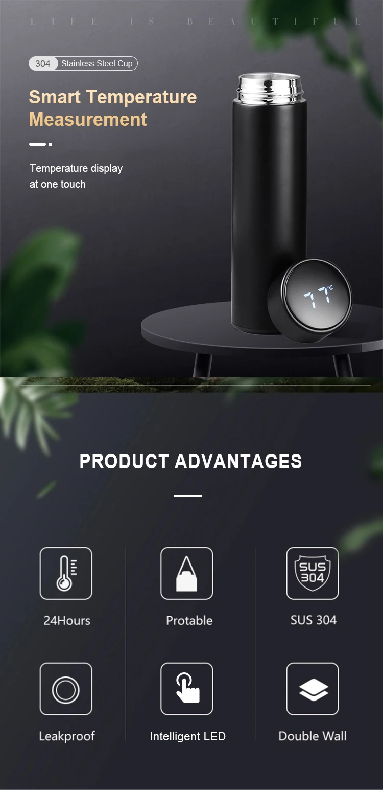 热销智能双壁不锈钢真空水瓶带温度显示