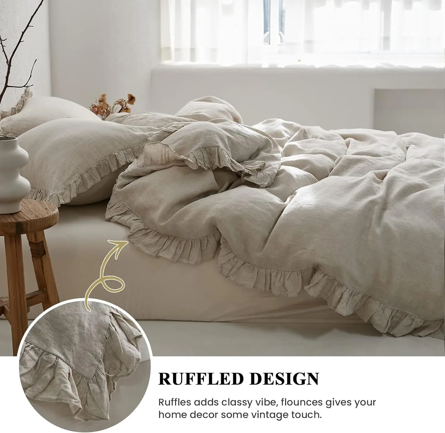 100% Washed Linen Duvet Cover Set 3 Pieces Vintage Ruffled Bedding 1 Duvet Cover 2 Pillowshams High End Floral Frill Flax Sets manufacture