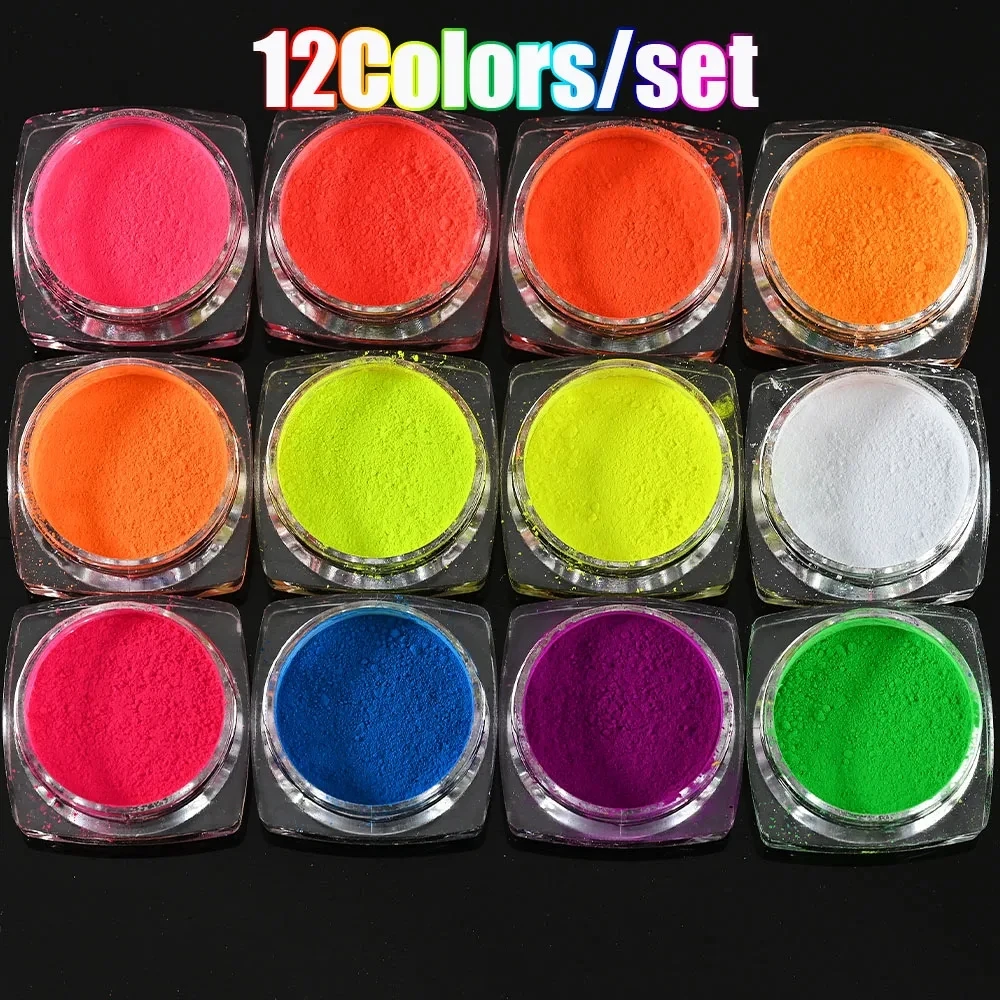 Neon Phosphor Pigment Powder Set 12pcs Fluorescent Nail Glitter Chrome ...