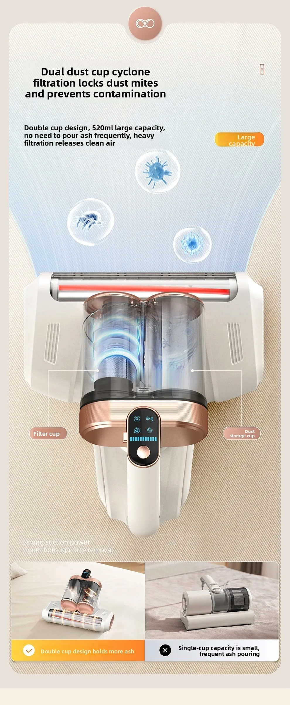 Dual dust cup roller brush