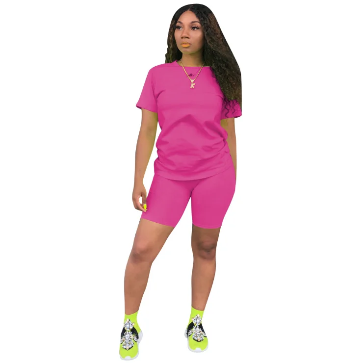 Hot Sale  Women Clothing  Polyester  Short Sleeves Neon Two Pieces Shorts Set Casual 2 Piece Women Outfit