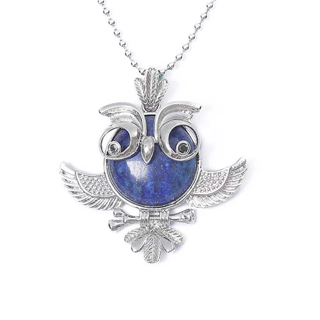 Women Natural Gemstone Owl Pendant Necklace Natural Crystal Stone Silver Animal Charms Jewelry