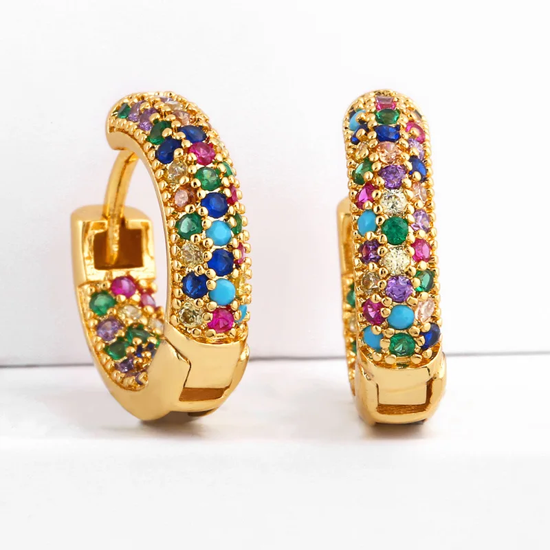 Luxury 18K Gold Plated Brass Earrings Rainbow Stone Zircon Charm Hoop Earrings for Women