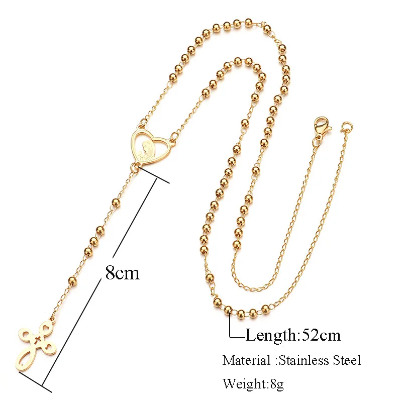 Rosary Beads Catholic Necklace Bead Rosary Long Necklace Gold Cross Stainless Steel Chain Virgin