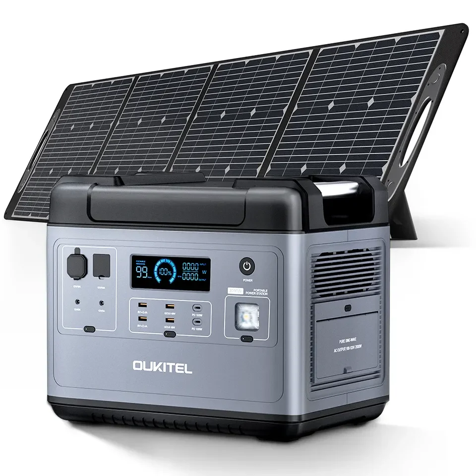 2000W solar generator unit with foldable solar panels deployed in backyard setting