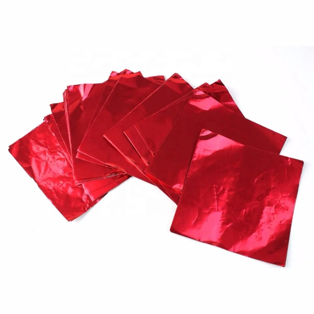 Chocolate hearts wrapping red aluminum foil in sheet