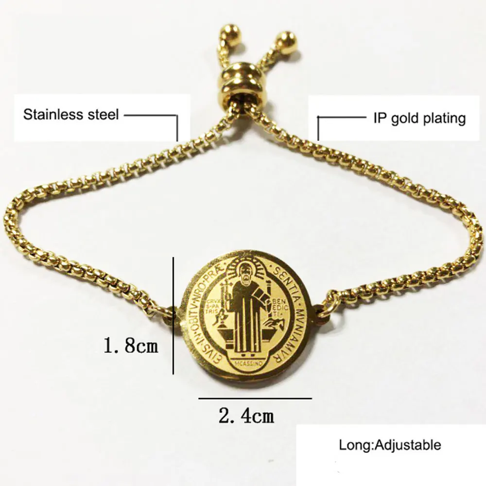 Stainless Steel Saint St Benedict San Benito Medal Cuff Charm Bangle Bracelet Jewelry 18k Gold