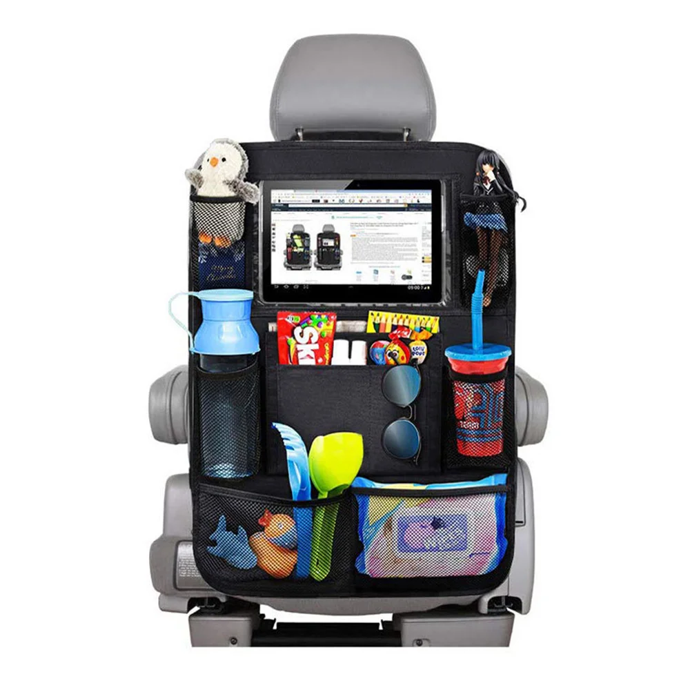Timnes Kick Mat Backseat Organizer with 12 inch Touch Screen Tablet Holder Charging Holes And Large Pockets for Kids Gray Seat Protector Cup Holder Car Travel Accessories Storage Pockets 