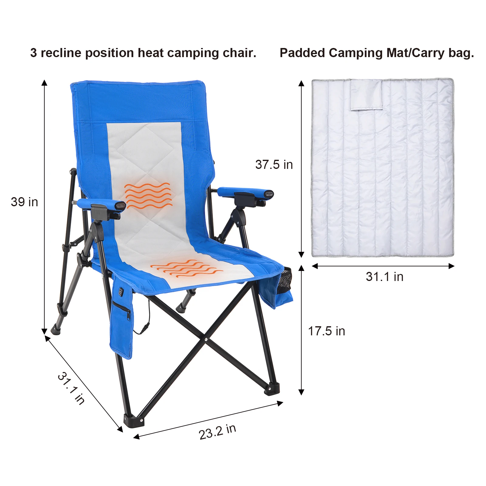 Heated Camping Chair,3 Recline Position Hard Arm Folding Camp Chair,Sports Chair Usb Heated On