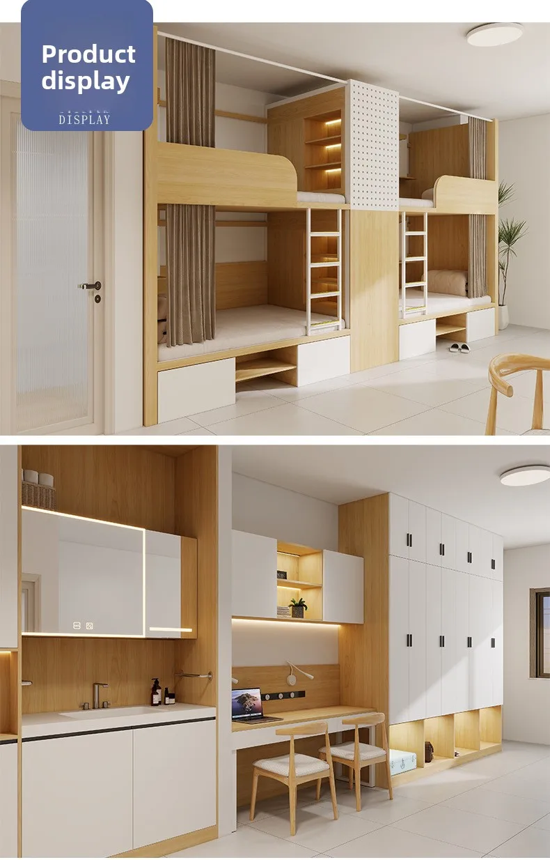 product furniture factory hotel bunk bed double space capsule bunk bed dormitory loft apartment bed with cabinet-9