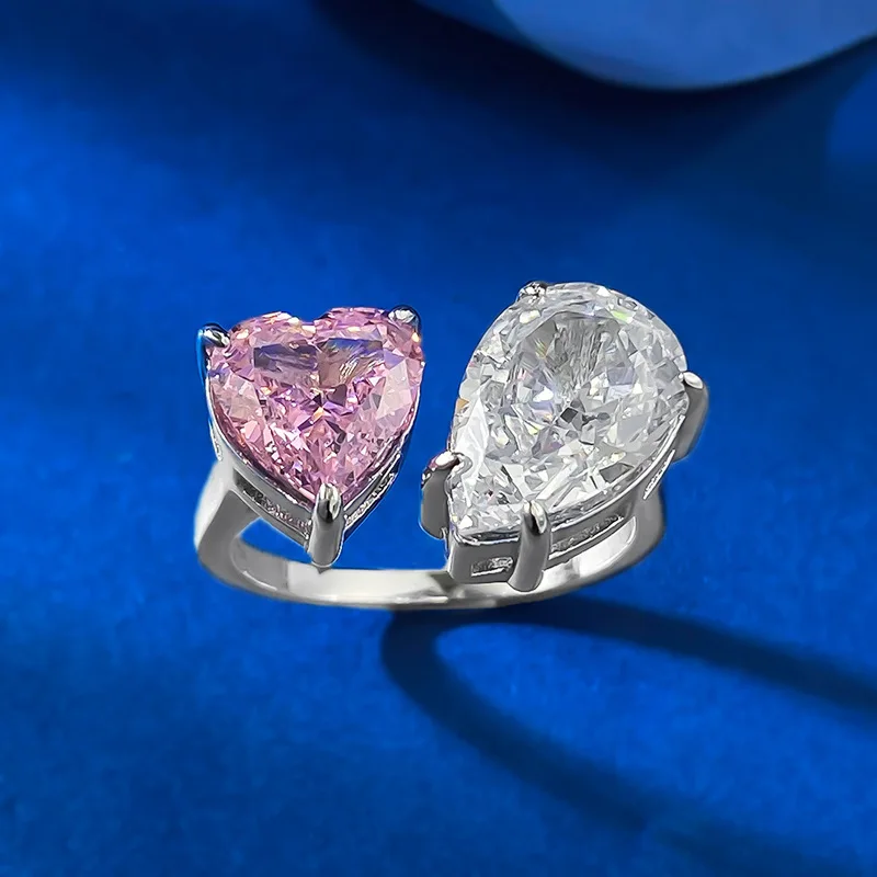 2025 Open Ring High Carbon Diamond Water Drops Ice Flower Cut White Diamond Pink Diamond Raydean Rhodium Plated