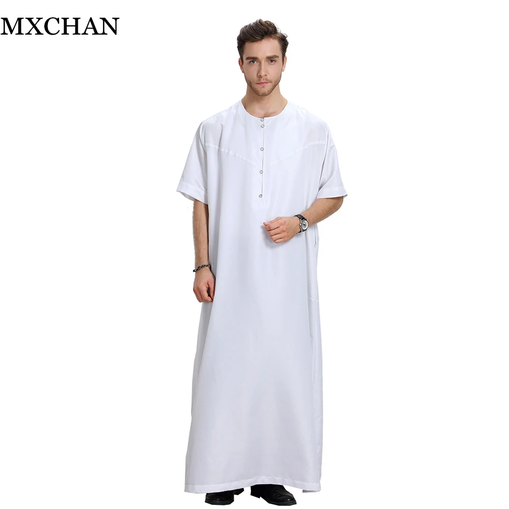 Hot Sale Short-sleeved Solid Color Muslim Saudi Arabic Thobe Men Arab ...