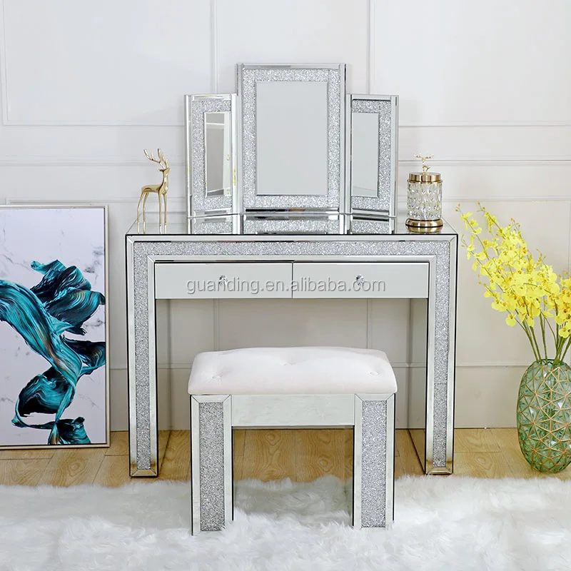 Hot Sell Crushed Diamonds Mirrored Dresser Dressing Table With Three
