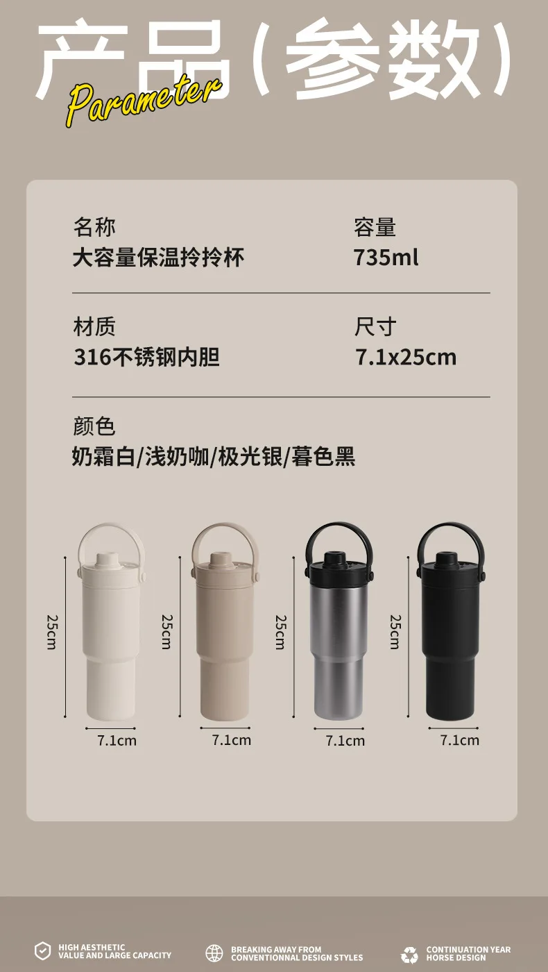 Large Capacity Stainless Steel Vacuum Flask Thermos Cup Striped Ceramic Liner Car Cup Tea Coffee On-The-Go Beverages