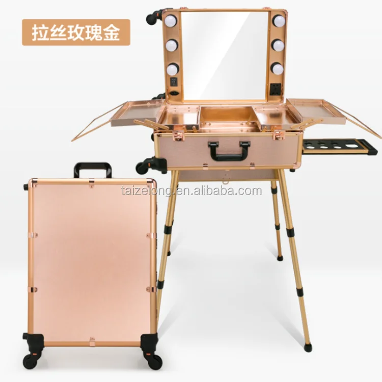 Custom aluminum travel cosmetic suitcase with lights vanity box beauty mirror professional trolley makeup case