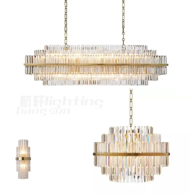 Decorative round pendant hanging lighting and lamps fixture rectangular steel gold k9 crystal linear modern chandelier luxury