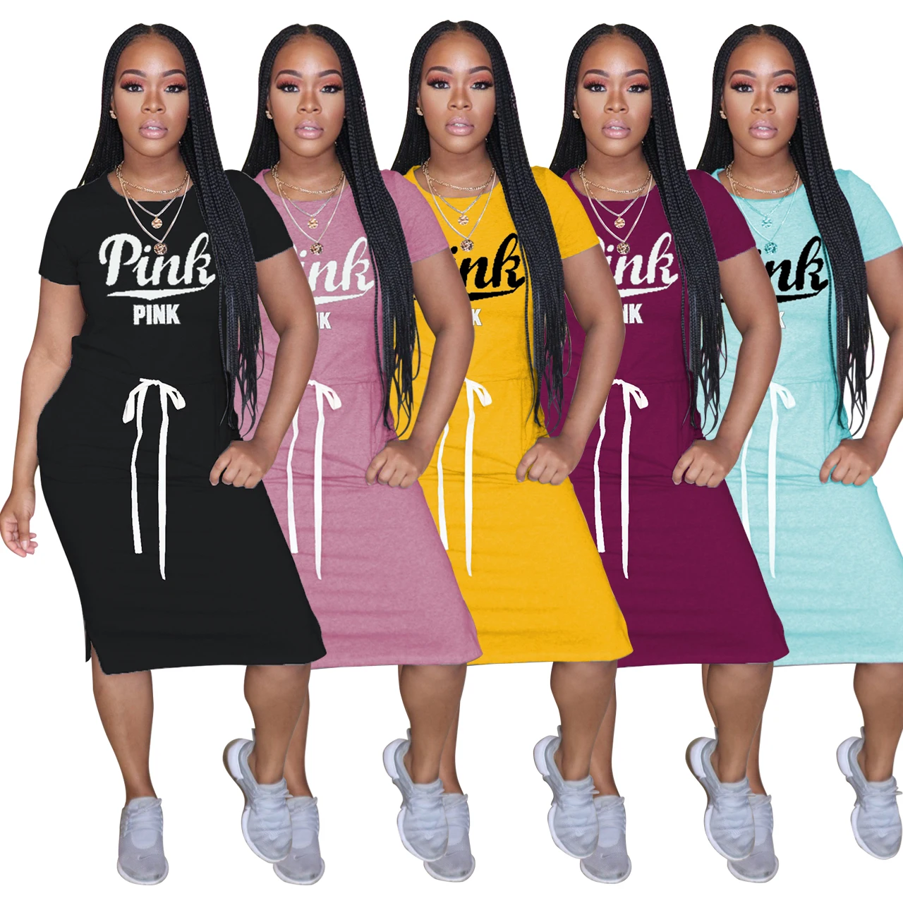 
amazon best selling knee length dress classic letters pink bandage oversize tshirt dress women clothing 