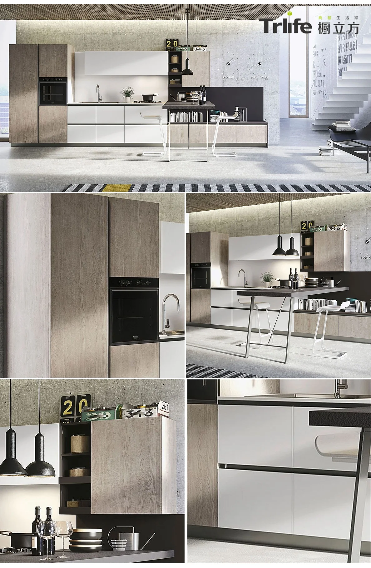 Customized modern new modular kitchen design I-shaped kitchen cabinets design for white and wood grain kitchens