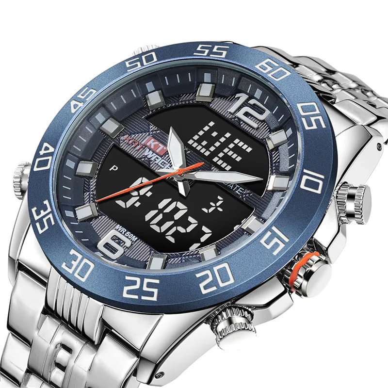 
2019 KAT 1802 cool fashion sport big digital quartz man wristwatches 5ATM water resistant back light with stainless steel chain 