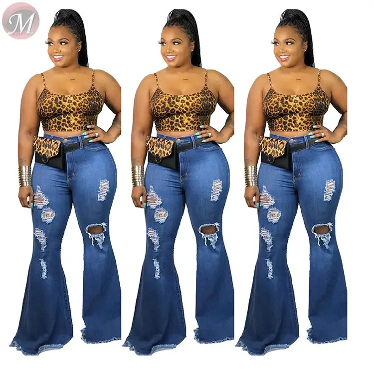 

9101627 casual fashion denim fabric washed ripped flared High Waist Women Pants Jeans