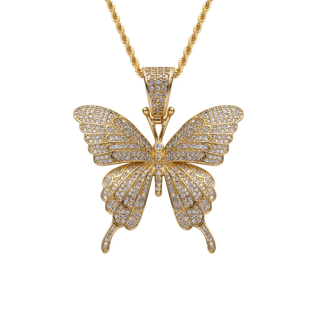 ins 欧式风格新 hiphop 蝴蝶锆石镶嵌时尚吊坠项链
